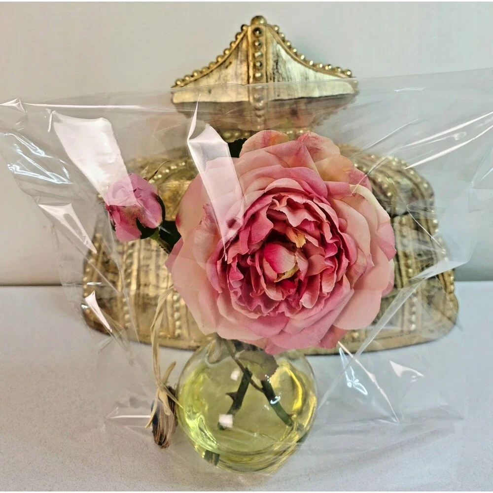 Vintage Faux Pink Cabbage Rose Silk Flower in Glass Vase with Bluebird Nest